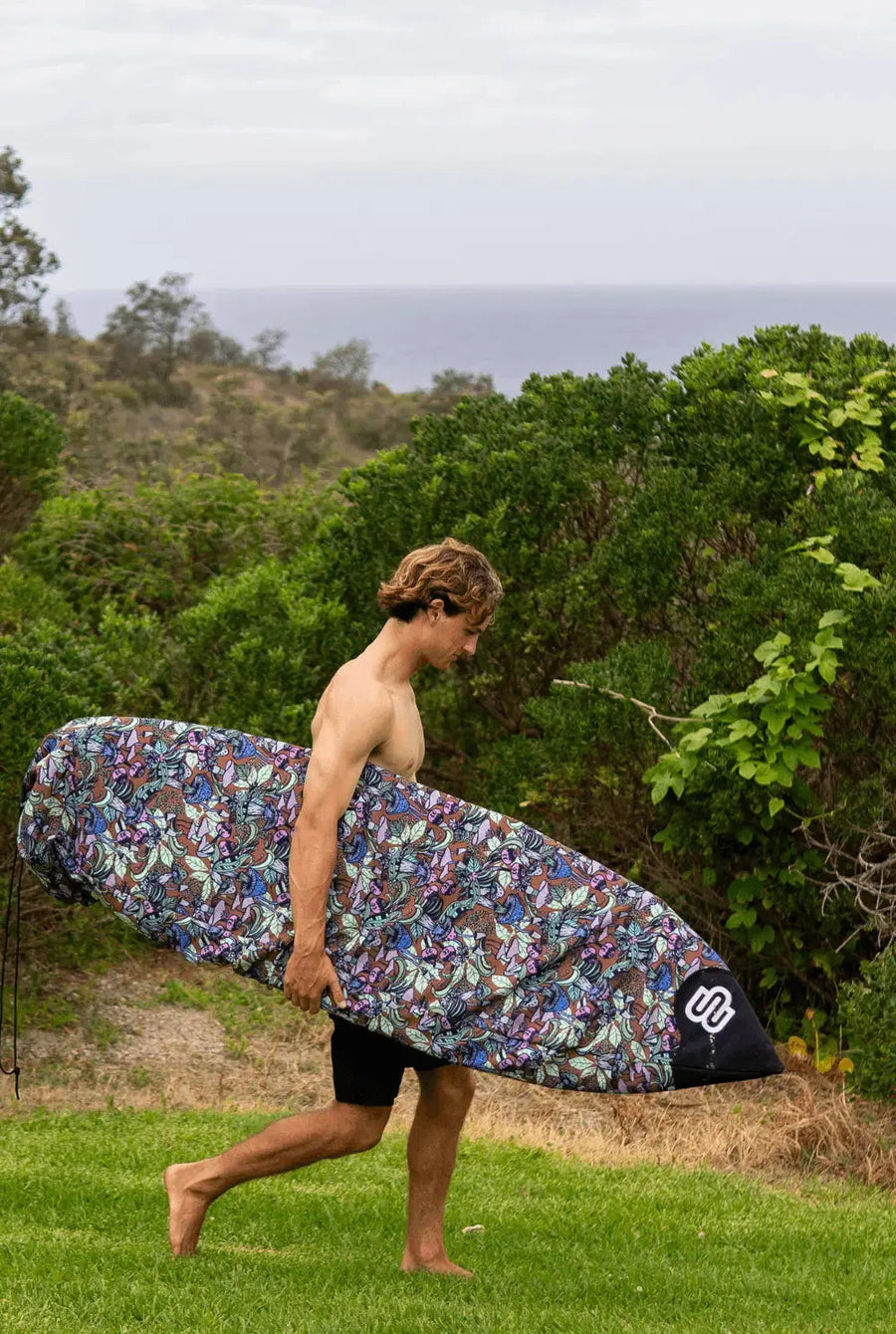Fantastic Fungi canvas surfboard cover, keeps wax out of your car